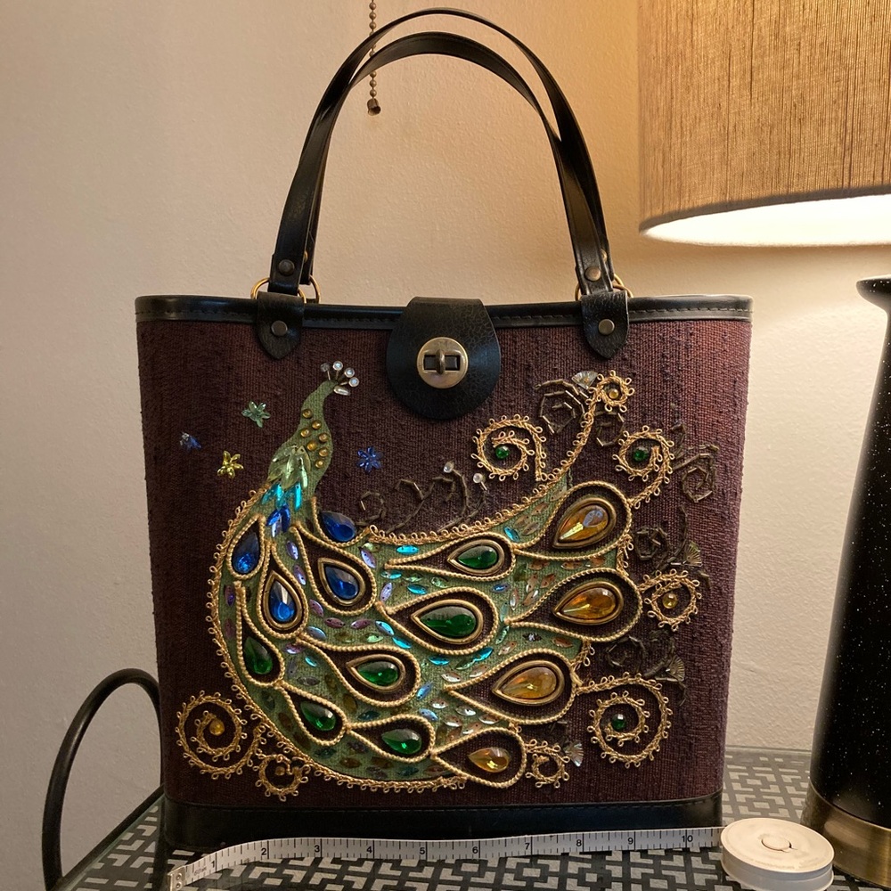 Vintage Beaded Peacock Purse with Wood Bottom